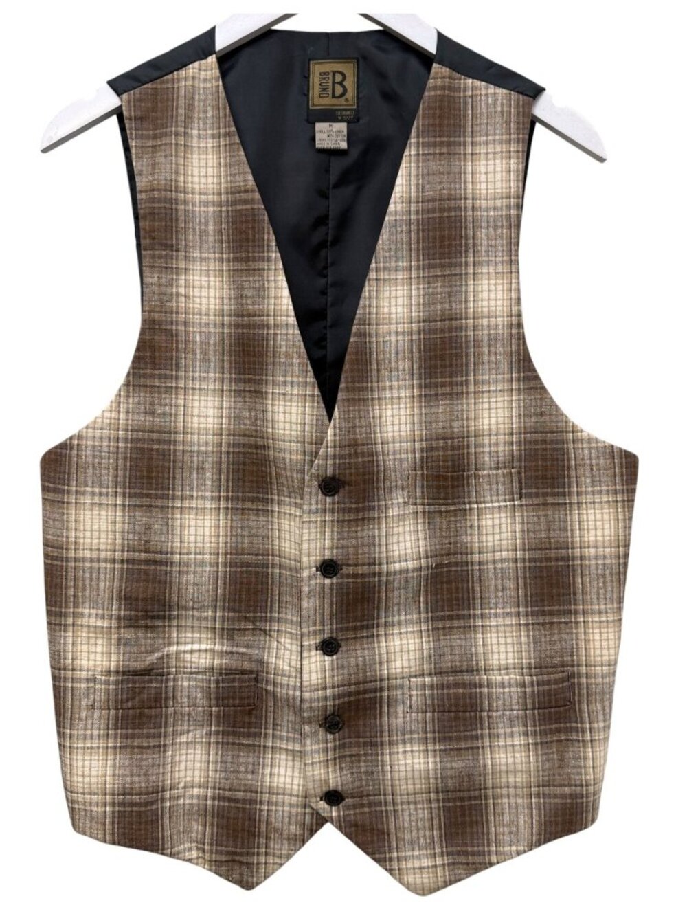 BRUNO B Mens Vest Linen Blend Size Medium Vintage Brown Plaid Designed Italy